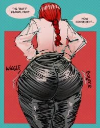 1girls ass ass_focus back_view big_ass chainsaw_man clothed clothed_female dialogue kelyou makima_(chainsaw_man) onomatopoeia ponytail red_hair solo solo_female text thick_thighs thighs tight_clothing wiggle_lines wobbling_ass