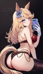 1girl agurami ass_focus back black_thighhighs blonde_hair blue_bow blue_eyes blush closed_mouth from_behind gold_chain gold_city_(umamusume) holding_phone horse_ears horse_girl horse_tail huge_ass large_breasts long_hair looking_at_viewer median_furrow red_bra red_panties sitting smile solo thick_thighs umamusume umamusume_pretty_derby underwear_only white_gloves