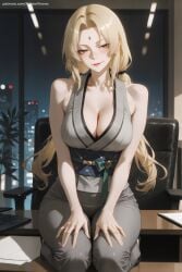 1girl ai_generated bangs bare_shoulders blonde_hair blush breasts cleavage facial_mark forehead_mark hi_res high_quality high_resolution indoors japanese_clothes large_breasts long_hair looking_at_viewer mature naruto_(series) patreon patreon_username seductive seiza sexy sitting sleeveless smile solo tsunade uncensored watermark yellow_eyes