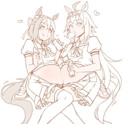 2018 2girls belly_on_belly big_belly cute emil221b female_only horse_ears horse_girl horse_tail huge_belly oguri_cap_(umamusume) overeating special_week_(umamusume) stuffed_belly stuffing tagme umamusume