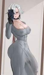 abs arlecchino_(genshin_impact) dress futanari genshin_impact muscular no_bra red_eyes see-through_clothing selfie soyamilk