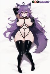 ahoge ai_generated ass ass_bigger_than_head bed big_boobs big_breasts big_thighs boobies boobs boobs_bigger_than_head breasts breasts_bigger_than_head bursting_breasts curvaceous curvy curvy_figure digital_media_(artwork) dog_ears dog_girl dog_tail doggirl enormous_breasts enormous_thighs female female_focus gigantic_breasts gigantic_thighs hair_between_eyes hair_flaps harness highres hips hourglass_figure huge_ass huge_boobs huge_breasts huge_thighs huge_tits humongous_ass humongous_breasts humongous_thighs kemonomimi large_breasts large_thighs latex latex_gloves latex_legwear latex_thighhighs legs long_hair lying_on_back massive_breasts massive_thighs mature mature_female nipples patreon_username petgirl petite pupils purple_ears purple_eyes purple_hair purple_tail round_breasts self_upload slim_waist smooth_skin thick thick_hips thick_legs thick_thighs thighhighs thighs thighs_bigger_than_head tits tits_bigger_than_head tori toriwoofs voluptuous waist watermark wavy_hair white_pupils white_skin white_skinned_female wide_hips wide_thighs wolf_ears wolf_tail woman