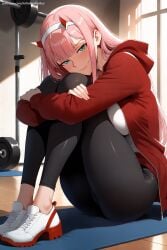 1girl ai_generated ass bangs black_legwear blush breasts darling_in_the_franxx eyebrows_visible_through_hair eyeshadow fang hairband hi_res high_quality high_resolution horns indoors jacket long_hair long_sleeves looking_at_viewer oni_horns open_clothes patreon pink_hair seductive sexy shoes sitting smile sneakers solo uncensored watermark white_hairband zero_two_(darling_in_the_franxx)