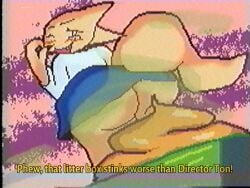 4:3 aggretsuko anonymous_artist anthro big_butt butt canid canine english_text fart fart_cloud feces female fennec_fox fenneko fox litter_box litter_box_usage lowres mammal retro_artstyle sanrio scat solo text true_fox vhs vhs_filter