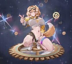 1girl 1girls absurdres animal_ears anis_(nikke) anis_(nikke)_(cosplay) badkrol big_breasts blonde_hair blush bonnie_barkswell breasts cleavage colored_tips commentary cosplay dog_ears dog_girl dog_tail english_commentary female gears goggles goggles_on_head green_eyes grin hair_intakes highres indie_virtual_youtuber large_breasts multicolored_hair navel panties shoes shorts smile sparkle squatting tail thigh_strap thighs tits underwear virtual_youtuber vtuber white_hair white_panties white_shoes