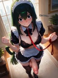 1futa absurdres ai_generated amiiari apron big_penis black_bra black_eyes black_thighhighs blush bowtie bra breasts closed_mouth detached_collar dripping dripping_penis dripping_precum frog_girl futanari green_hair hair_rings holding holding_leash indoors inviting large_penis leash leash_and_collar leash_pull long_hair looking_at_viewer low-tied_long_hair maid maid_headdress medium_breasts my_hero_academia penis precum precum_drip precum_string puffy_sleeves short_sleeves solo submissive testicles thick_thighs thighhighs tied_hair tsuyu_asui uncensored underwear vein veiny_penis waist_apron white_apron