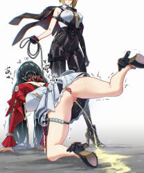 2girls anal_tail ass astra_yao bare_shoulders black_hair blonde_hair breasts collar evelyn_chevalier female female_only large_breasts latex long_hair long_sleeves multiple_girls no_panties pee_puddle peeing peeing_like_a_dog puddle pussy simple_background text translation_request white_background yavuravu zavuravu zenless_zone_zero