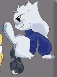 2026 ambiguous_gender animal_genitalia anthro anthro_focus arm_support backward_arm_support ball_tuft balls big_balls black_eyes blonde_hair blue_clothing blue_pawpads blue_sweater blue_topwear bottomless bottomless_anthro breakcoreyuri cave_story clothed clothing crossgender curly_brace darkened_balls darkened_genitalia darkened_sheath digital_media_(artwork) duo eyebrows floppy_ears fur genitals grey_balls grey_eyebrows grey_sheath hair hi_res humanoid lagomorph lop_ears male mammal mimiga pawpads presenting_sheath sheath sue_sakamoto sweater sweater_only topwear topwear_only tuft vein veiny_balls white_body white_ears white_fur white_tuft