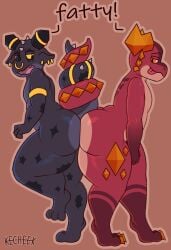 absurd_res accessory anthro ass_to_ass big_butt bound butt digital_drawing_(artwork) digital_media_(artwork) duo ear_piercing english_text facial_piercing furgonomics hi_res horn horn_jewelry huge_thighs insult jewelry kecheek kobold male male/male nose_piercing piercing scalie simple_background tail tail_accessory tail_jewelry tail_tied text thick_thighs tongue tongue_out top-zee