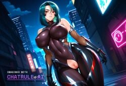 1girl ai_assisted ai_generated armor bare_shoulders black_bodysuit brown_eyes city cityscape clouds cowboy_shot crotchless curvy dark_theme detailed_pussy dynamic_lighting elbow_gloves facial_mark fishnets gloves green_hair high_contrast kagami_hirotaka koukawa_oboro looking_at_viewer neon_lights night night_sky outdoors soft_shading taimanin_asagi_zero taimanin_suit thigh_gap visible_pussy