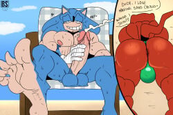 anthro anus armpit_hair bacon_sama balls beach beach_chair big_butt blush blush_lines bodily_fluids body_hair bulge butt clothing cum drooling duo echidna ejaculation english_text eulipotyphlan european_hedgehog feet foot_fetish foot_focus gay gay_male genital_fluids genital_raphe genitals hedgehog hi_res ill-fitting_clothing knuckles_the_echidna looking_pleasured male mammal masturbation moan monotreme motion_lines muscular muscular_male narrowed_eyes penile penile_masturbation penis raphe_(anatomy) saliva scrotal_raphe scrotum_flap sega sonic_(series) sonic_the_hedgehog sonic_the_hedgehog_(series) speech_bubble speedo stealth_masturbation stubble sweat sweatdrop swimwear text throbbing throbbing_balls throbbing_penis yaoi