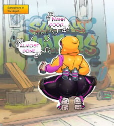 1girl 1girls 2d 2d_(artwork) ass big_ass big_butt black_pants bubble_ass bubble_butt butt cartoony color colored comic comic_page digital_media_(artwork) english english_text female female_focus female_human female_only hoodie human human_female kivi_raskolnik light light_skin miss_maia_(subway_surfers) pants purple_hair sneakers solo_female solo_focus speech_bubble spray_can spray_paint spray_paint_can squat squatting subway_surfers sweat sweaty sweaty_ass sweaty_butt text tight_clothing tight_pants uncensored wet wet_ass wet_butt yellow_hoodie