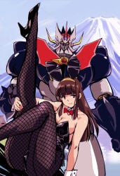1girl 1girls ass brown_eyes brown_hair bunnysuit female female_focus female_only heels legs legs_up mazinger mazinkaiser mecha robot sayaka_yumi smile