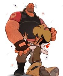 arm_hair bald bald_male blush bulge chubby chubby_male crossover erection gay heavy_(team_fortress_2) heavycest imminent_fellatio imminent_oral male/male on_knees pants_down penny_arcade penny_arcade_adventures poker_night_at_the_inventory precum_through_clothing pubic_hair shirt_lift steampunk team_fortress_2 tycho_brahe undressing yaoi