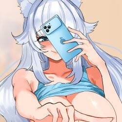 1girl 1girls animal_ears astraline blue_eyes blush breasts cellphone clothes_lift female highres large_breasts long_hair lumi_(merryweather) meme one_finger_selfie_challenge_(meme) phone selfie shirt_lift smartphone smile solo tits upper_body virtual_youtuber vtuber white_hair wolf_ears wolf_girl zd_(pixiv6210083)