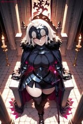 1girl ahoge ai_generated armor black_dress black_legwear breasts cape chain fate_(series) fur_collar fur_trim gauntlets headpiece hi_res high_quality high_resolution jeanne_alter jeanne_d'arc_(alter)_(fate) jeanne_d'arc_(fate)_(all) kiraamane large_breasts looking_at_viewer patreon seductive sexy sheath sheathed short_hair silver_hair smile solo sword thighhighs uncensored watermark weapon yellow_eyes