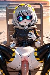 1girl ai_assisted ai_generated android bangs beach black_hairband blue_eyes blushing bob_cut curvy depth_of_field from_above glowing_eyes grey_hair hairband horny humanoid_robot in_heat joints large_eyes leaning_back legs_spread_open moaning murder_drones ocean perfection pov purple_eyeshadow rape raped raping robot short_hair sunbathing sunset tail thighhighs uncensored visor yellow_eyes