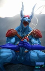 4_fingers armor balls big_penis blue_body bodily_fluids bottomwear chaotic clothing cum cum_on_face cum_on_self cumshot ejaculation erection fingers furry genital_fluids genitals gespedan glans hi_res horn huge_penis humanoid humanoid_genitalia humanoid_penis male masturbation muscular muscular_male orgasm_face outside penile penile_masturbation penis shorts sitting solo todex two-handed_masturbation unknown_species vein veiny_penis