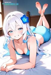 1girl ai_assisted ai_generated anklet bare_shoulders barefeet bedroom blue_eyes cleavage curvy_body detailed_feet eyes_half_closed feet_up grin hair_flower looking_at_viewer narrow_waist petite prone_position round_ass small_breasts soft_breasts the_pose tired white_hair wide_hips