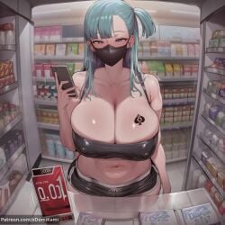 1boy 1girl 2026 2d absurd_res absurd_resolution absurdres ai_generated aqua_eyes aqua_hair bare_shoulders black_shorts blue_eyes blush breasts bulma bulma_briefs cellphone cleavage collarbone condom_box convenience_store covered_nipples dragon_ball dragon_ball_(series) dragon_ball_fighterz dragon_ball_super dragon_ball_z hi_res high_quality high_resolution highres holding holding_phone huge_breasts image indoors large_breasts long_hair looking_at_viewer mask mouth_mask navel netorare ntr one_side_up patreon patreon_logo patreon_username phone rape raped raped_female shop short_shorts shorts smartphone solo sweat tattoo thighs uncensured watermark web_address xdomikami