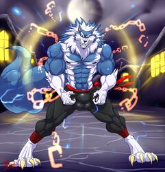 2018 4_toes 5_fingers abs anthro balls biceps blue_fur blue_hair blue_nose blue_skin bulge canine capcom claws clothed clothing darkstalkers eyebrows flexing full_moon fur gallon gloves_(marking) grin hair hungothenomster jon_talbain looking_at_viewer male male_only mammal mane markings moon multicolored_hair multicolored_skin muscular muscular_male muscular_thighs neck_tuft night nipples pants pecs pubes sharp_teeth smile socks_(marking) solo standing teeth tight_clothing toes topless tuft two_tone_hair two_tone_skin vampire_savior video_games were werewolf white_hair white_skin wolf yellow_eyes