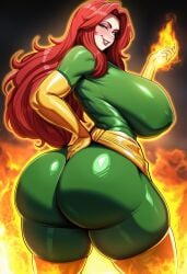 ai_generated big_boobs big_breasts big_butt big_thighs female female_only flames green_clothing hand_on_ass huge_ass jean_grey looking_at_viewer marvel phoenix_(x-men) red_hair