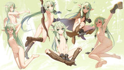 1girls barefoot boots bow_(weapon) cape censored cute drink female female_only flat_chest gloves goblin_slayer green_eyes green_hair high_elf_archer_(goblin_slayer) long_hair navel nipples nude observerz pointy_ears pussy solo twintails weapon