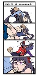 1boy 1boy1girl 1girl 4koma ass bakaiju blowjob clawed_fingers claws cock comic cowgirl_position english_text female from_behind from_behind_position heart-shaped_pupils horns human kaiju_girl_caramelise kuroe_akaishi missionary_position moaning monster_girl swimsuit tail tongue_out
