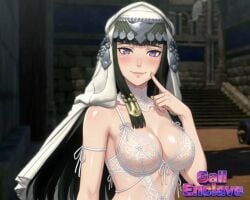 1girl ai_generated artist_logo artist_name artist_signature big_tits black_hair female female_only finger_on_cheek fire_emblem fire_emblem:_fortune's_weave intelligent_systems juicy_lips light-skinned_female light_skin lingerie long_hair_female nintendo nintendo_switch_2 oiled_body ornaments purple_eyes white_outfit wimple x_username yallahs80
