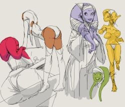 alien alien_girl alien_humanoid bent_over big_butt bouncing_breasts curvaceous curvy curvy_figure dress freckles freckles_on_breasts furgonomic_headwear furgonomics green_skin head_wraps hood lekku lekku_grab leotard md34 orange_body orange_skin panties_only purple_body purple_skin red_body red_skin running scared sitting sketch sketch_page slim star_wars stockings topless twi'lek unitard wedgie worm's-eye_view worried wraps yellow_body yellow_skin