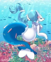anthro anthro_female blue_hair blue_hair_female blushing blushing_female enjoying_pregnancy fairy_type female female_pokemon furry_female furry_only hyper_pregnancy kicking_(pregnancy) pokemon pokemon_(species) pokemon_sm pregnant pregnant_anthro pregnant_belly pregnant_female primarina starter_pokemon underwater water_type