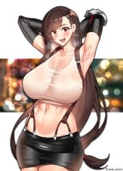 1girls armpits arms_behind_head artist_name big_breasts blush breasts brown_hair busty cleavage confident female female_only final_fantasy final_fantasy_vii heart highres large_breasts legs looking_at_viewer midriff navel pose posing sexy sexy_armpits sexy_pose skirt smile solo suspenders tank_top teeth thighs tifa_lockhart toned voluptuous