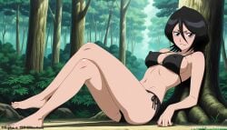 1girl 1girls absurd_res ai_assisted ai_generated anime ass barefoot bikini black_bikini black_hair bleach boobs breasts bubble_butt butt curvaceous curvy curvy_figure forest high_resolution highres hourglass_figure huge_ass huge_butt kuchiki_rukia large_breasts leaning_against_tree light-skinned_female long_legs looking_at_viewer nature navel outdoor patreon patreon_logo patreon_username purple_eyes reclining short_hair side-tie_bikini sitting slight_smile solo string_bikini thick_thighs thighs veyluna voluptuous wide_hips