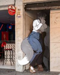1boy 1girls alleyway_milf_(meme) animal_ears artist_request colombia furry grey_fur heterochromia jeans looking_down meme size_difference tail tears