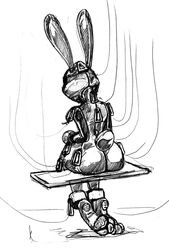 1girls bastianmage blindfold bondage bound clothing disney encasement female gag gagged greyscale judy_hopps lagomorph leash mammal monochrome rabbit rough_sketch rubber simple_background sitting sketch solo white_background zootopia