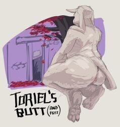anthro back_view background big_butt chubby chubby_female falling_leaves feet floppy_ears goat horn huge_butt long_ears long_tail md34 pussy thick_thighs toriel tree undertale undertale_(series) white_fur