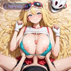 1girl ai_assisted ai_generated beach big_boobs bike_shorts blonde_hair blue_eyes clenched_hand closed_mouth cock_between_boobs cum_eruption cum_explosion cumshot eyelashes eyewear_on_head fingerless_gloves gloves helmet korrina_(pokemon) long_hair looking_at_viewer love paizuri pokemon_(creature) sand shiny_boobs shirt skirt sleeveless straddling_paizuri sunglasses titfuck titjob very_long_hair white_gloves white_shirt