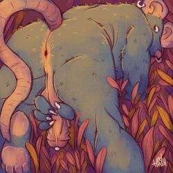 anthro anus balls bodily_fluids ear_piercing facial_piercing grass looking_back male mammal precum rat slightly_chubby solo