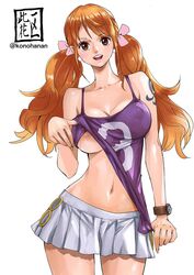 1girls big_breasts breasts brown_eyes erect_nipples erect_nipples_under_clothes female female_only hourglass_figure konohana large_breasts nami nipples one_piece orange_hair shirt_lift skirt smile twintails water_7