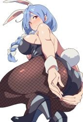 1girl absurdres animal_ears ass black_leotard black_shoes blue_hair blush bow braid braided_ponytail breasts closed_mouth commentary_request fishnet_pantyhose fishnets full_body hair_bow hair_over_shoulder high_heels highres hololive irodori_drawpic large_breasts leotard long_hair looking_at_viewer multicolored_hair pantyhose pekomama playboy_bunny rabbit_ears rabbit_girl rabbit_tail red_eyes shoes short_eyebrows sideboob simple_background solo squatting strapless strapless_leotard swept_bangs tail thick_eyebrows two-tone_hair virtual_youtuber wavy_mouth white_background white_bow white_hair wrist_cuffs