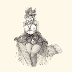 1:1 2022 anthro areola bdsm bondage bound breasts canid canine clothed clothing female fox garter_straps genitals greyscale hair harness hi_res looking_at_viewer mammal monochrome neck_tuft nipples occult_symbol pentagram pentagram_harness ponytail portrait red_fox restraints rope rope_bondage rope_harness s00t simple_background solo symbol tail three-quarter_portrait topless topless_anthro topless_female translucent translucent_clothing true_fox tuft vulva