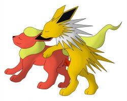 duo eeveelution female female_penetrated feral flareon fur generation_1_pokemon genitals jolteon male male/female male_penetrating male_penetrating_female nintendo orange_body penetration penile penile_penetration penis penis_in_vagina pokemon pokemon_(species) sex simple_background smile standing tail vaginal vaginal_penetration vulva yellow_body yellow_fur