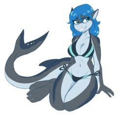 ambris anthro bikini blue_eyes blue_hair erika_(ambris) grin shark shark_girl