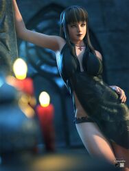 1girls alternate_version_available arm_support armpits black_lipstick blue_eyes breasts brown_hair candle candlelight clumsyneko cross cross_necklace curvy curvy_figure dead_or_alive dress eyeshadow goth goth_girl goth_makeup gothic hairband hand_on_hip hitomi_(doa) lace lace-trimmed_panties lace_trim leaning leaning_against_wall lipstick necklace panties pose see-through see-through_clothing stone stone_wall thighs window