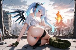 1girl ai_assisted ai_generated ass_crack ass_focus ass_up bike_shorts blue_eyes boots butt_exposed butt_plug cityscape cloudy crossed_legs destroyed_city erect_nipples erotic fingerless_gloves from_side glistening_skin gradient_hair headgear horns hyperdimension_neptunia in_bedroom light_blue_hair mechanical_wings mirror_selfie narrow_hips naughty on_floor panties_down pussy_exposed rear_view rei ruins seductive short_sleeves slight_blush slim_female solo twintails