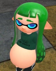 3d clothed green_hair green_sweater inkling inkling_girl kicking leggings long_hair looking_up looking_up_at_viewer pregnant pregnant_belly ring splatoon splatoon_(series)