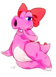 animal_genitalia anthro bebebebebe birdo blush bow breasts claws featureless_breasts female genital_slit hair_ribbon hairbow jewelry looking_at_viewer mario_(series) nintendo nude open_mouth pussy reptile ribbons ring scalie simple_background slit solo spikes toe_claws trap_(disambiguation) video_games