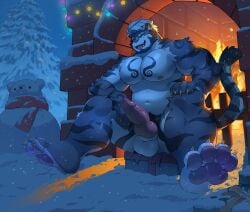 absurd_res anthro baiyushou barazoku barefoot beard biceps big_muscles big_pecs big_penis black_striped_fur black_stripes christmas christmas_decorations claws erection facial_hair facial_markings feet felid fire fireplace fur genitals gift head_markings hi_res holidays knot knotted_penis kygehn lights looking_aside male mammal markings muscular muscular_male nipples outside pantherine pawpads paws pecs penis piercing pink_nipples plant pubes purple_body purple_fur snow snowman solo spread_legs spreading stripes tail tiger tree yellow_claws