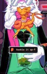 accessory bandage bandaged_chest blush bodily_fluids body_blush bottomless bovid boxing_gloves bulge butt butt_blush caprine clothed clothing container cup darkner deltarune eyewear frist44 genital_fluids glasses goat handwear headband hi_res male mammal mouse murid murine orange_(deltarune) panties peeing peeing_into_cup precum ralsei rodent size_difference steam undertale_(series) underwear urine