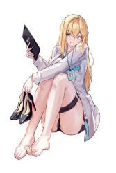 1girl absurdres barefoot black_pantyhose black_skirt blonde_hair blue_eyes coat feet goddess_of_victory:_nikke high_heels highres holding holding_id_card holding_tablet_pc holding_unworn_clothes holding_unworn_shoes id_card knees_up long_hair looking_at_viewer maxwell_(nikke) office_lady official_alternate_costume pantyhose shoes simple_background sitting skirt solo tablet_pc thigh_strap thighs toes unworn_shoes very_long_hair white_background white_coat